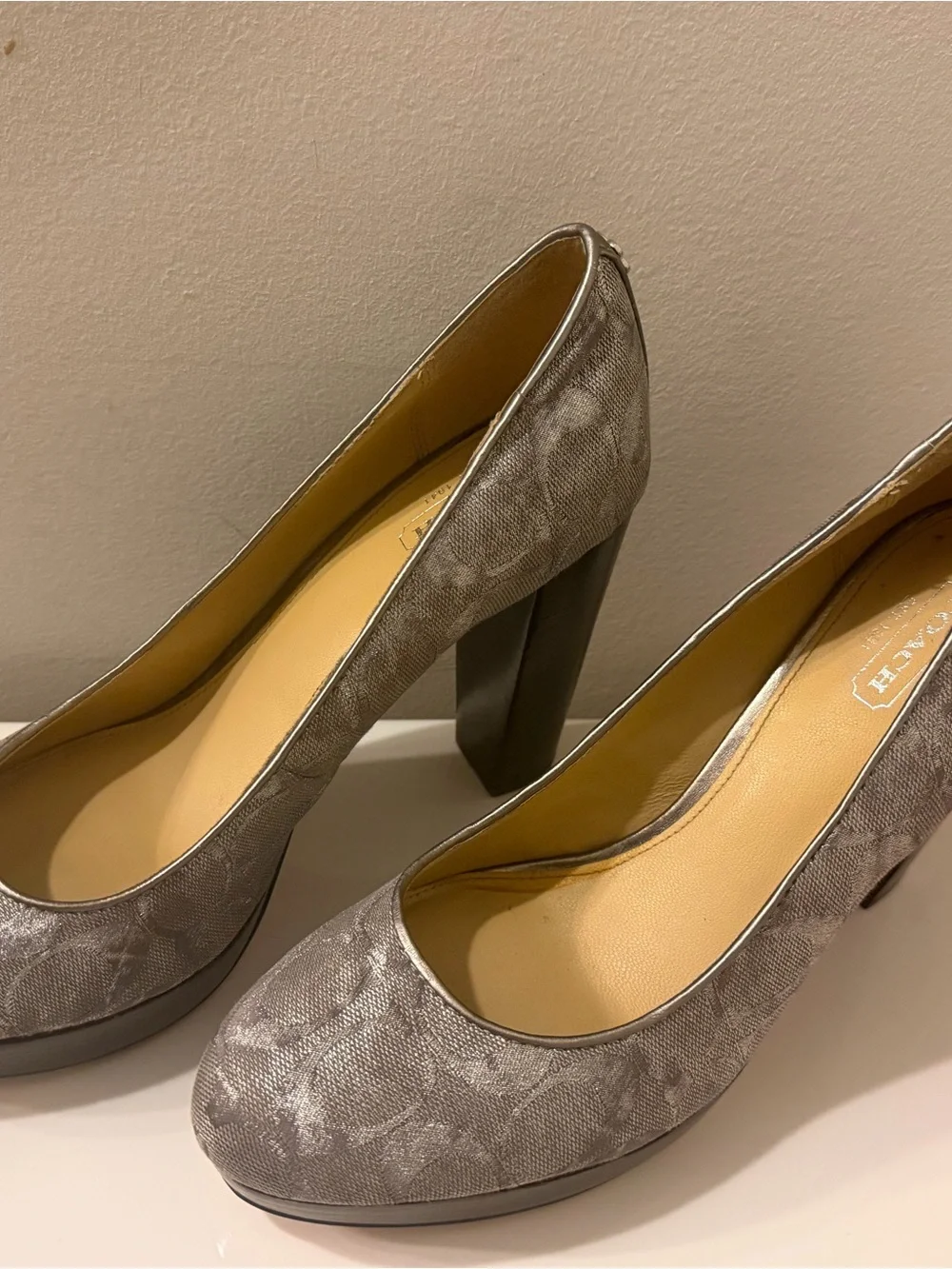 Coach Gray Signature Block Heel Pumps